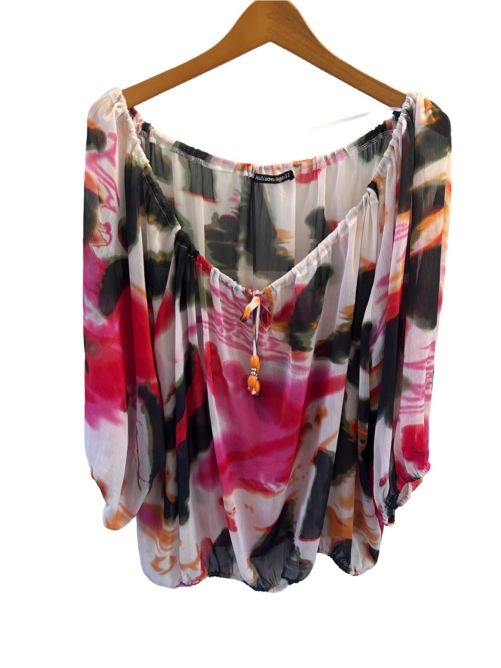Madison Paige Boho Peasant Blouse in Pink Abstract Print - Women's Top 2X